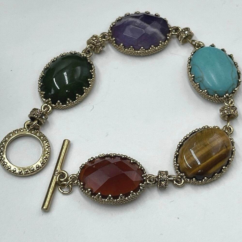 Lauren Ralph Lauren Multicolor Cabochon Stone Gold Tone Toggle Bracelet